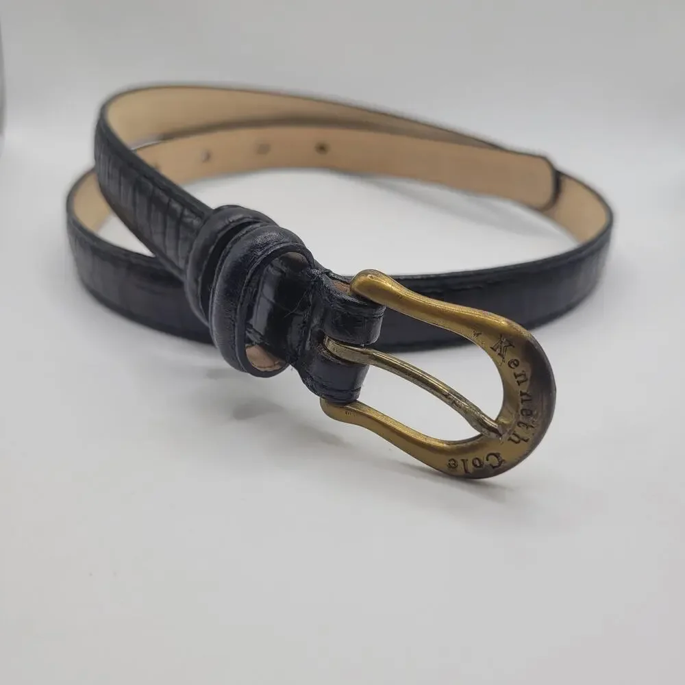 Kenneth Cole Belt Medium Black Leather Croc Embossed Brass Buckle Classic‎ 90s